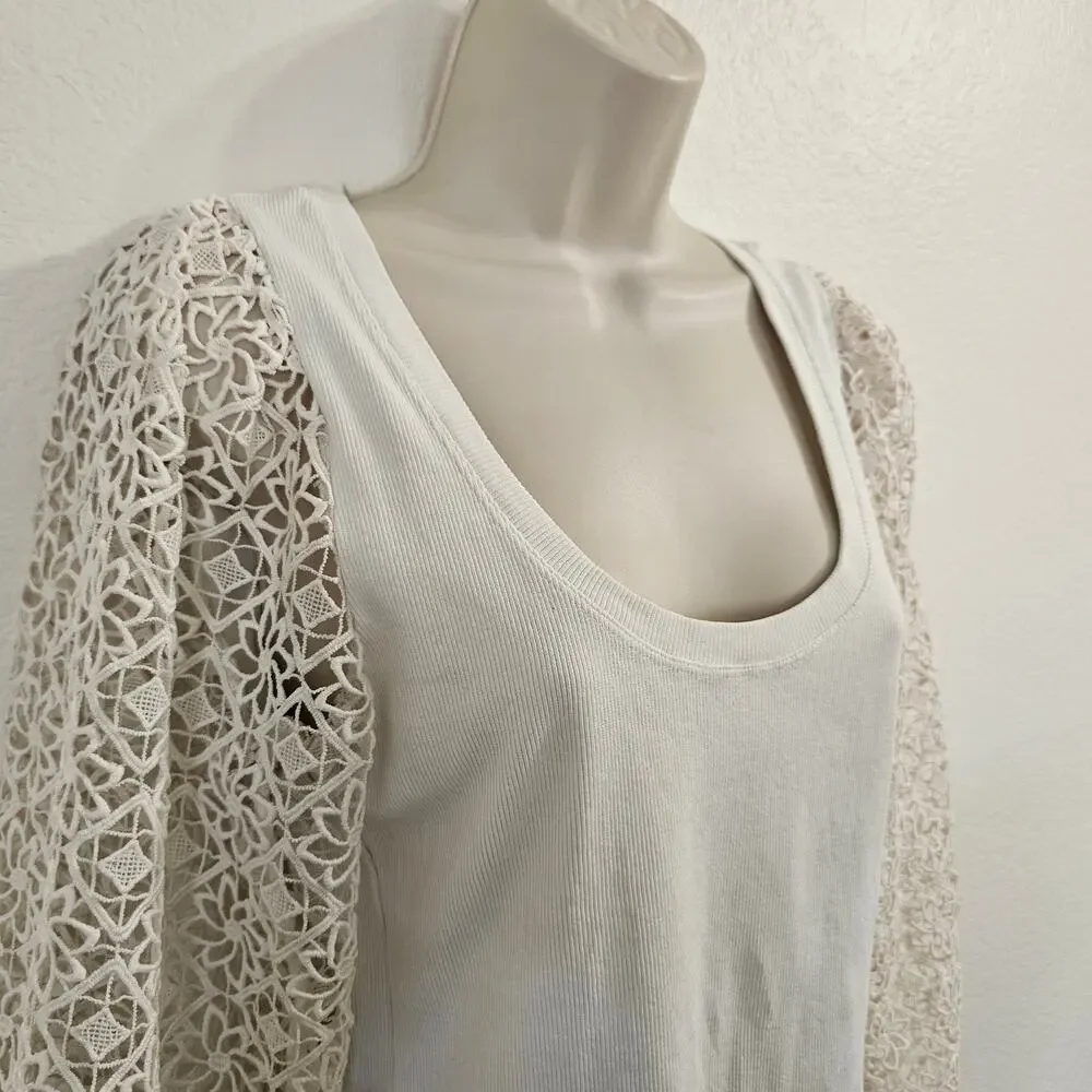 MAEVE ANTHROPOLOGIE Lace-Sleeve Top in White Size Petite Small